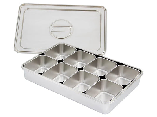 Stainless Steel Container Box Tray with 8 Small Pan Inserts