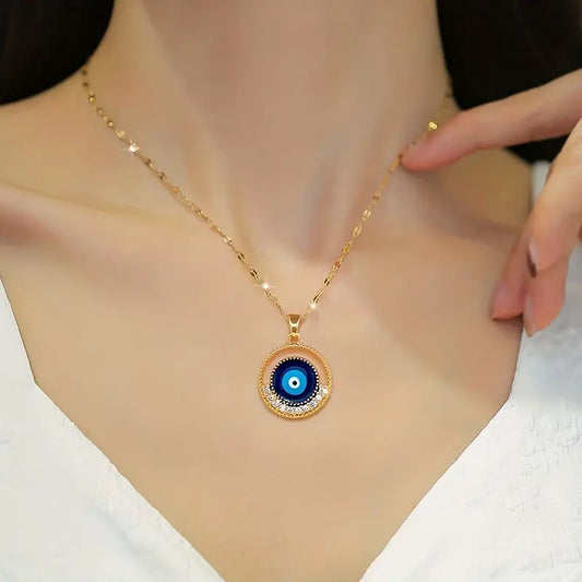 Stainless Steel Round Blue Eyes Pendant Necklace For Women Girl, Retro Clavicle Chain Jewelry Gift Party