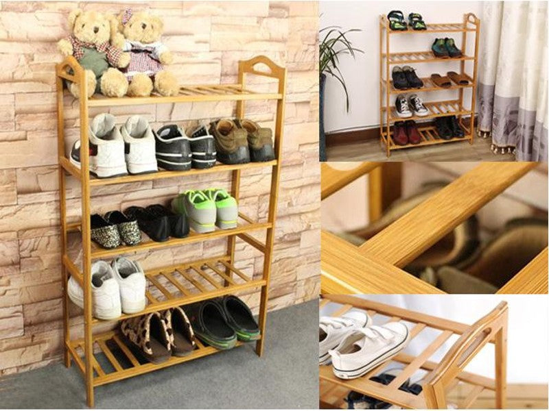 Bamboo 5 Tier Shoes Organizer Rack Tower Shelve Space Saving Storage Free Standing