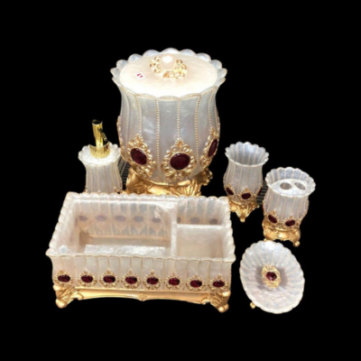6 pc Bathroom Set White and Gold