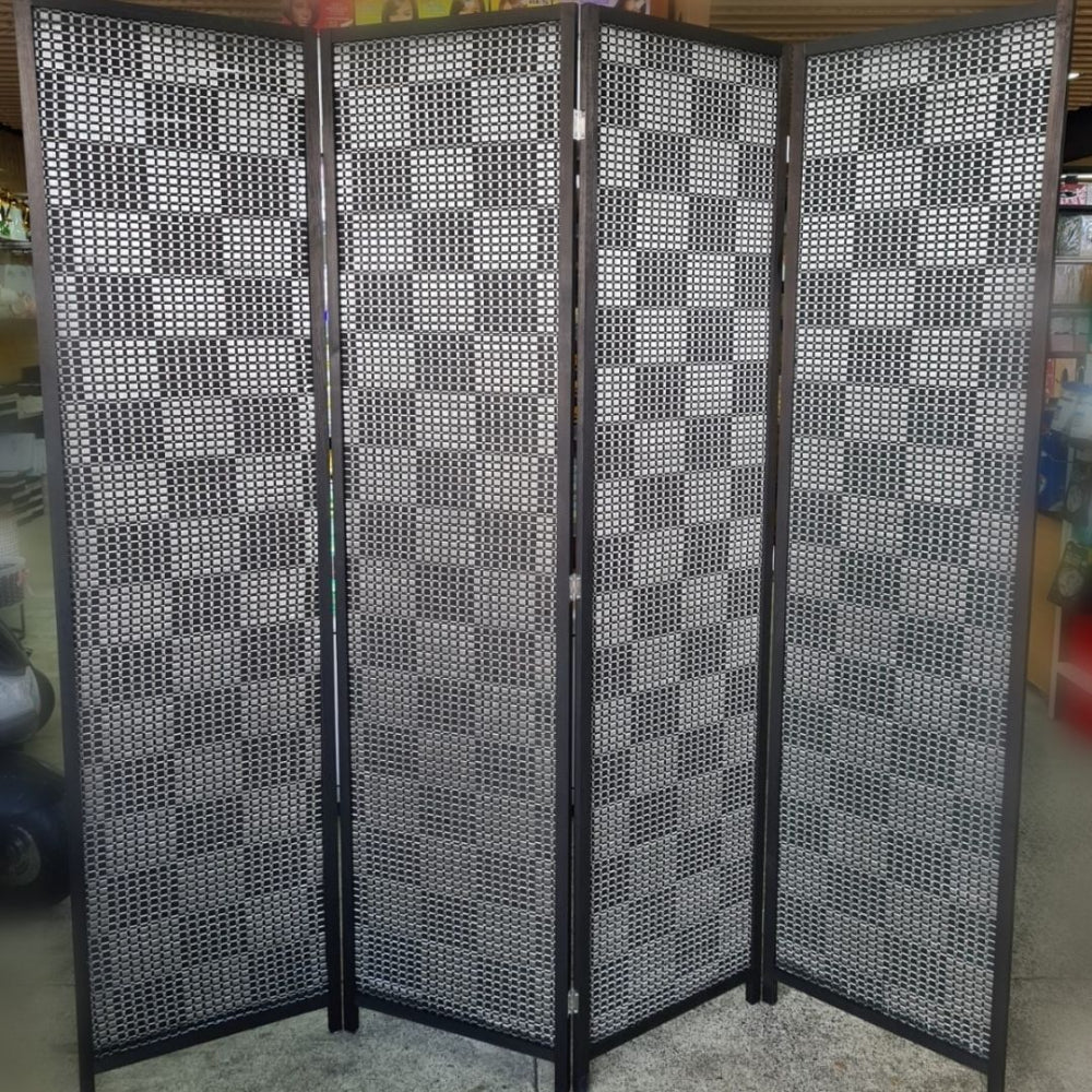 Room Divider Bamboo Woven 4 Panel Black and Silver Handicraft