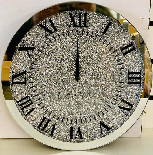 Wall Clock Crystal Diamond Mirrored Large Sparkly Silver Crushed Round